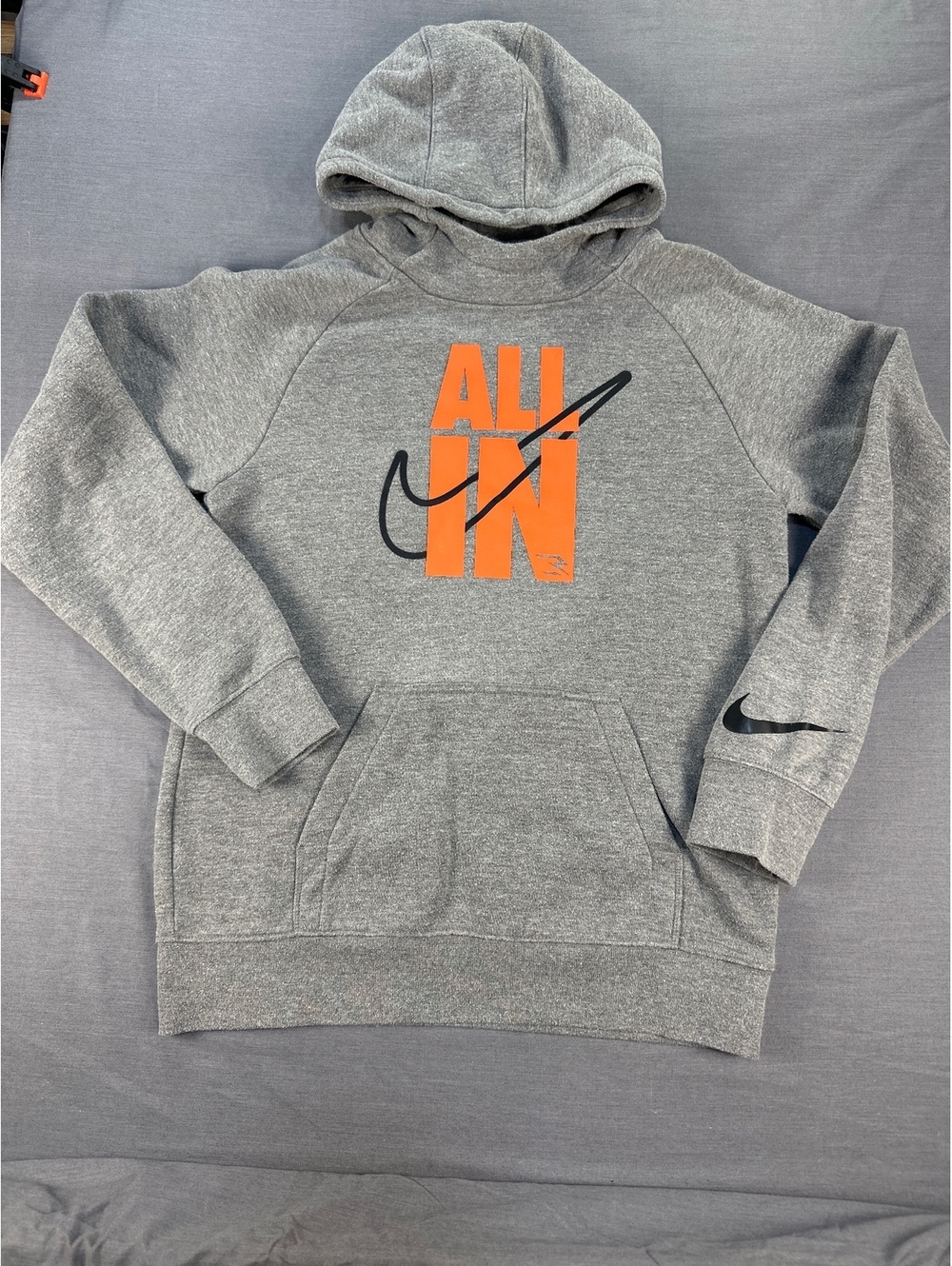 Nike Youth XL Gray 'All In' Hoodie with Orange and Black Logo - Cozy Fleece Loun